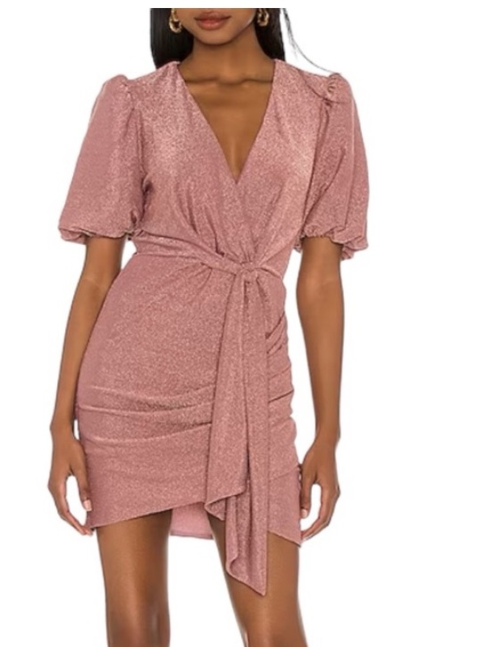Saylor Deb Dress Fitted Mini Puff Sleeves Metallic Pink Rose Size large